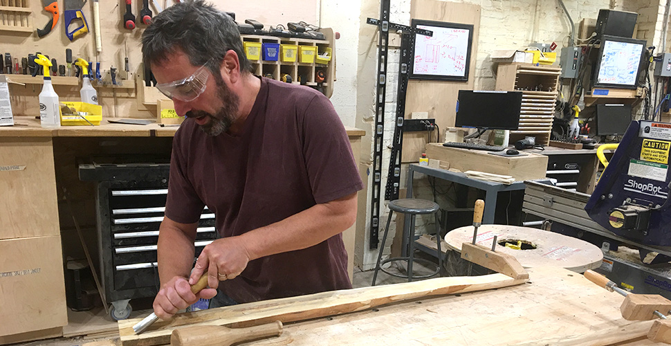 Scott working on another prototype at the NextFab woodshop