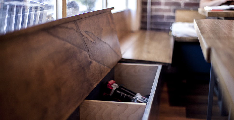 Wood storage bench made at NextFab makerspace