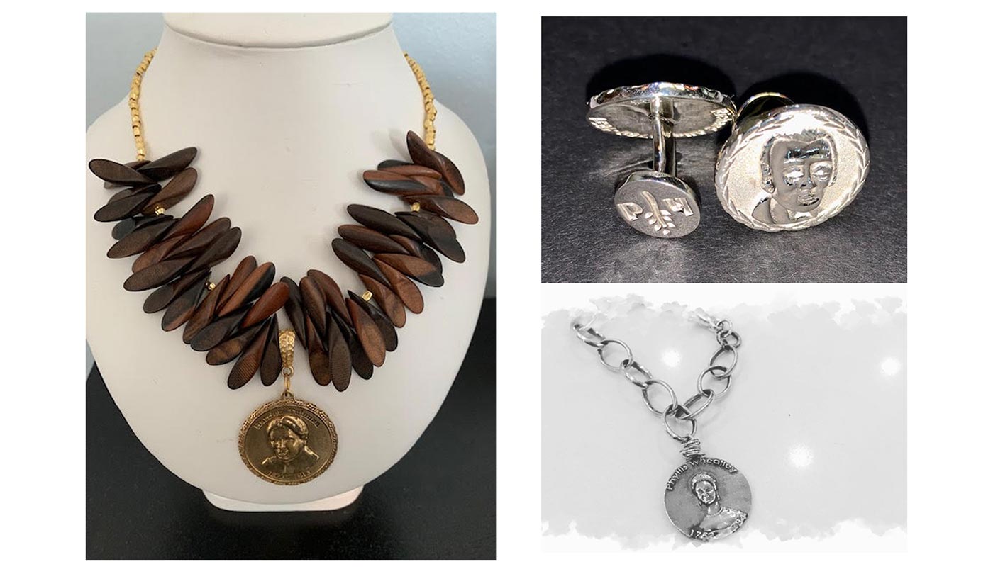 Nina Grier of Historical Dream jewelry necklace, cufflinks, and bracelet