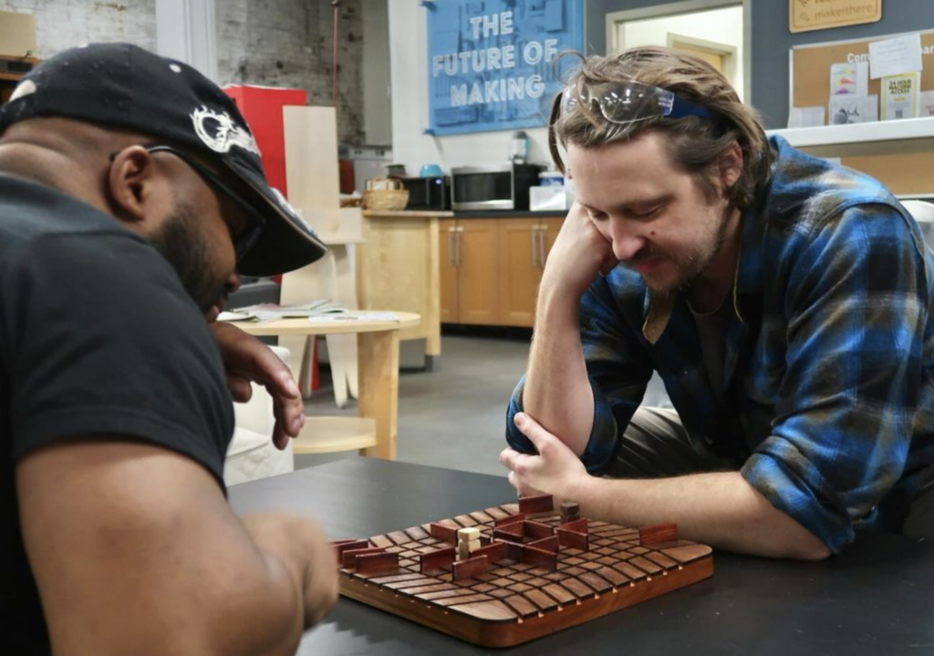 Custom wooden game from the NextFab Maker Series, "Make Your Own Wooden Board Game